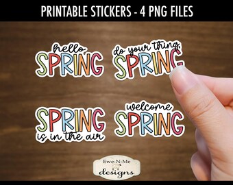 Spring Words Printable Stickers | 4 Cute Spring PNG Stickers | Hello Spring | Welcome Spring Stickers