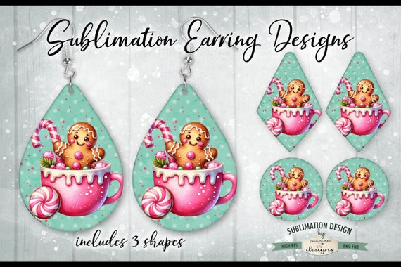 Christmas Gingerbread Sublimation Earring Designs | 3 PNG Shapes | Gingerbread in a Pink Cup