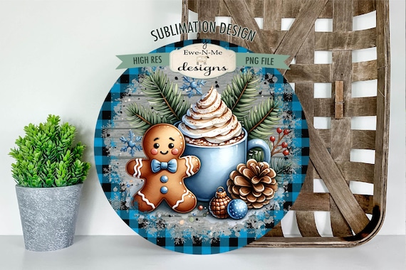 Gingerbread Round Sublimation Design | Blue Buffalo Plaid Snowman | Gingerbread and Cocoa Sublimation Design