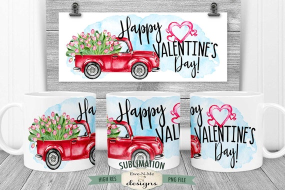 Valentine Truck Sublimation Mug Design - Red Truck with Tulips - Printable 11 oz. and 15 oz. Mug Sublimation Wrap PNG