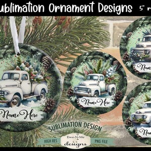 Old White Truck Ornament Designs PNG Files | White Trucks with Christmas Greenery Ornament Designs | Old Truck Ornament Designs