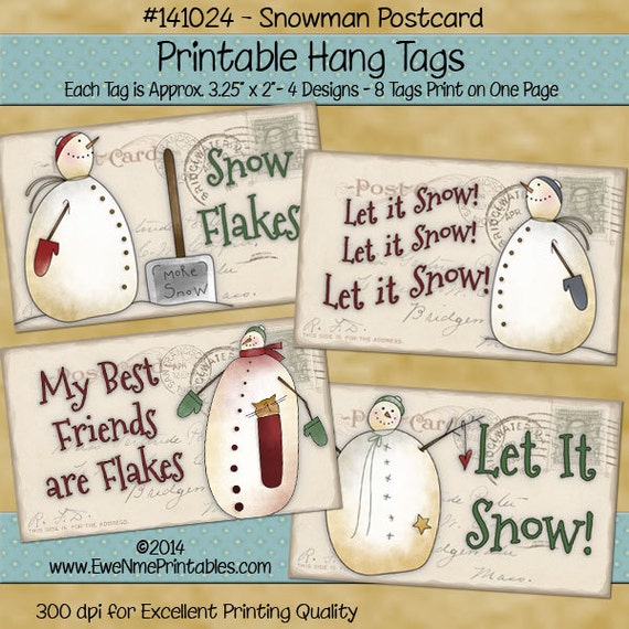 Printable Snowman Tags with Vintage Postcard Background - Primitive Style - hang tag or gift tag - Digital Print PDF and/or JPG File