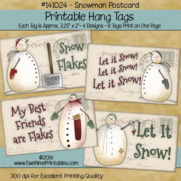 Printable Snowman Tags with Vintage Postcard Background - Primitive Style - hang tag or gift tag - Digital Print PDF and/or JPG File