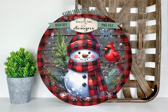 Snowman Round Sublimation Design | Red Buffalo Plaid Snowman | Snowman and Bird Sublimation Design