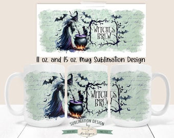 Hexengebräu Halloween | 11 und 15 Unzen Becher Sublimationsverpackung PNG | Hexe mit Kessel und schwarzer Katze-Becher-Design