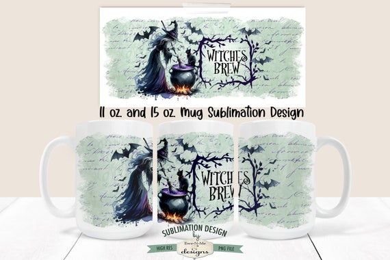 Witches Brew Halloween | 11 & 15 oz Mug Sublimation Wrap PNG | Witch with Cauldron and Black Cat Mug Design