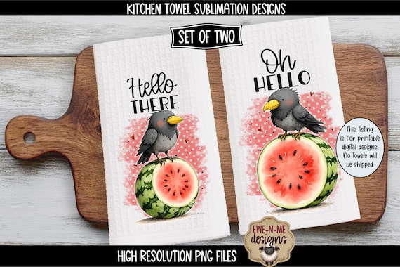 Crow Watermelon Kitchen Towel PNG Set | Hello There Oh Hello Sublimation Artwork | Summer Bird Graphic | Digital Download