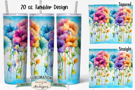 Dripping Watercolor Morning Glory Tumbler Design | Watercolor Rainbow Morning Glory Dripping Tumbler Wrap | Dripping Morning Glory Tumbler