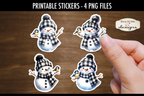Buffalo Plaid Snowmen Printable Stickers | 4 Snowman PNG Stickers | Print and Cut Snowman Stickers | Printable Snowman Stickers