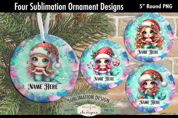 Cute Mermaid Christmas Ornament Designs PNG Files | Four Mermaid Ornament Designs with Snowflake Christmas Border