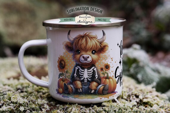 Highland Cow Skeleton Mug Design - Keep It Spooky -  Halloween 11 and 15 oz. Mug Sublimation Wrap PNG