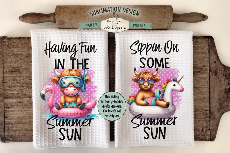 May include: Two white kitchen towels with a pink and white polka dot background. Each towel features a cartoon Highland cow wearing sunglasses and a swimsuit, floating on a pool float. One towel says "Having Fun In The Summer Sun" and the other says "Sippin On Some Summer Sun".