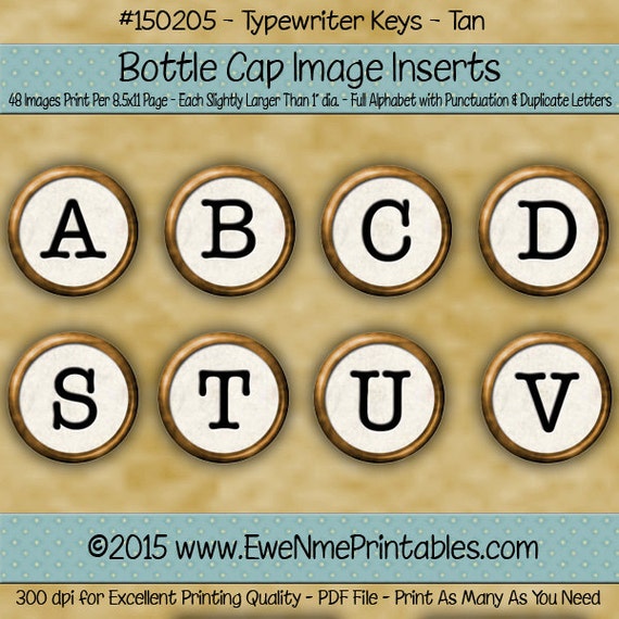 White Typewriter Keys Bottle Cap Images Printable - Vintage Typewriter Keys Image - Typewriter Alphabet Graphics - PDF and/or JPG File