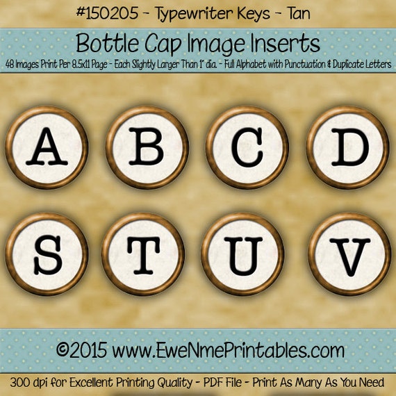 White Typewriter Keys Bottle Cap Images Printable - Vintage Typewriter Keys Image - Typewriter Alphabet Graphics - PDF and/or JPG File