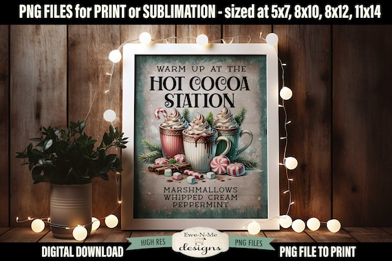 Hot Cocoa Station Sublimation Design | Vintage Cocoa Sign Printable  | Old Fashioned Christmas Printable Sublimation Design