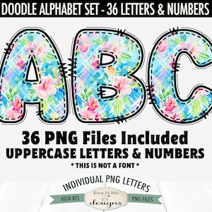 Alfabeto y números con garabatos de cuadros y flores primaverales / 36 archivos PNG / Letras y números individuales en formato PNG / Letras y números de Pascua