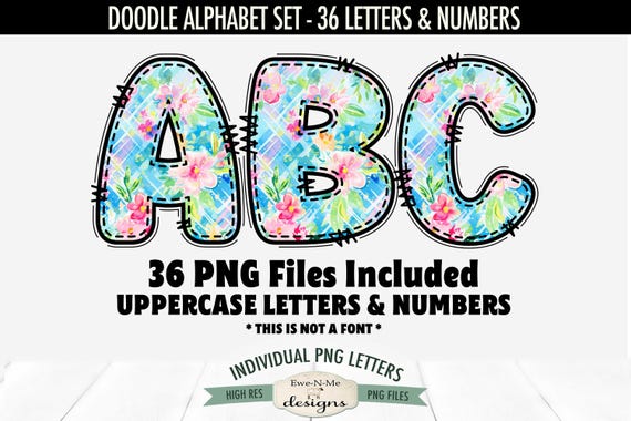 Spring Floral and Plaid Doodle Alphabet & Numbers | 36 PNG Files | Individual Letters and Numbers in PNG format | Easter Letters and Numbers