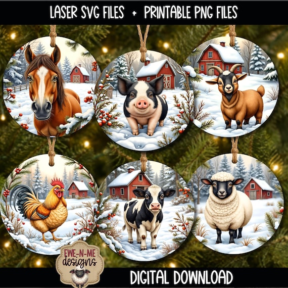 Farm Animal Christmas Ornament SVG Bundle, Horse Cow Pig Goat Sheep Rooster Laser Cut Files, Winter Farm Printable PNG Designs