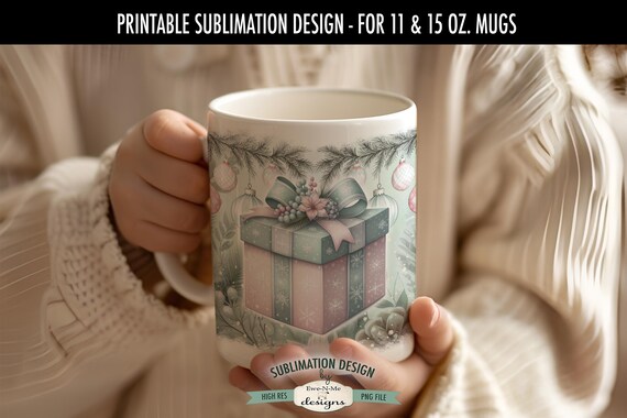 Pink Green Christmas Gift Sublimation Design for Mugs  | Christmas Mug | Printable 11 oz. and 15 oz. Mug Sublimation Wrap PNG