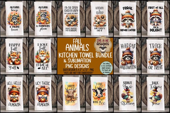 Fall Animals Sublimation Bundle 16 Autumn Kitchen Towel PNG Designs | Cute Animals, Raccoons, Foxes & Fall Halloween Thanksgiving Clipart