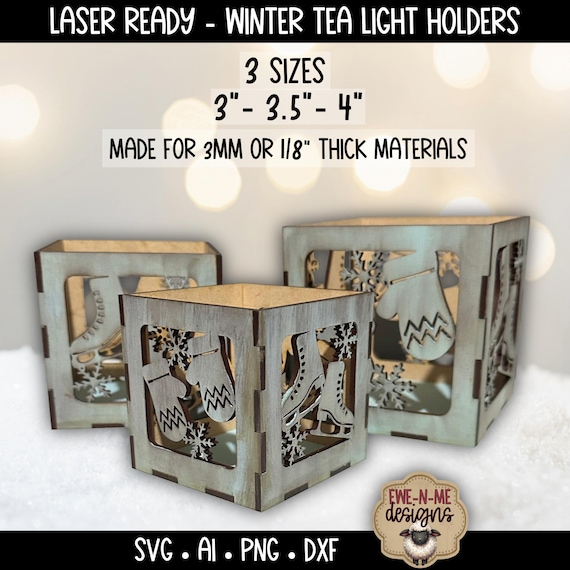 Winter Tealight Holder Laser Files | Set of 3 Sizes | Mittens Ice Skates Lantern SVG for Glowforge, xTool, OmTech (Digital Download)