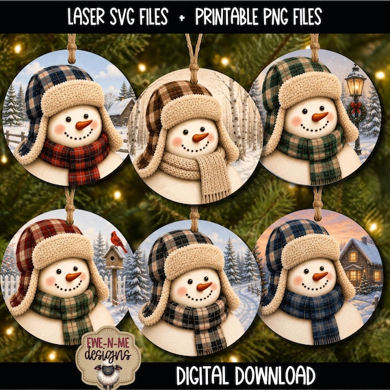 Trapper Hat Snowman Ornament Bundle - Laser SVG Files - Printable PNG Designs - Christmas Sticker Files - Plaid Snowmen - Digital Download