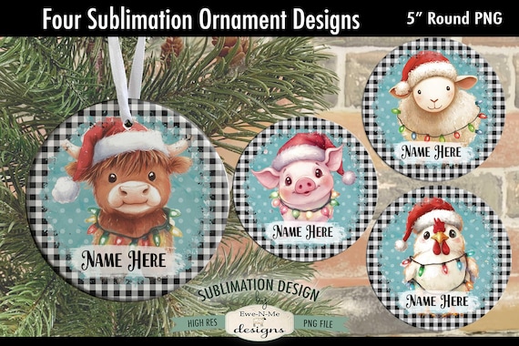 Farm Animals with Christmas Lights Ornament Designs PNG Files | Animals Wearing Santa Hats Ornament Designs with Buffalo Plaid Border