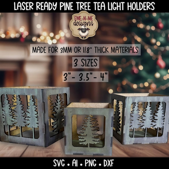 Pine Tree Tealight Holder Laser Files | Set of 3 Sizes | Winter Lantern SVG for Laser Cutting | Flameless Candle Box Digital Download