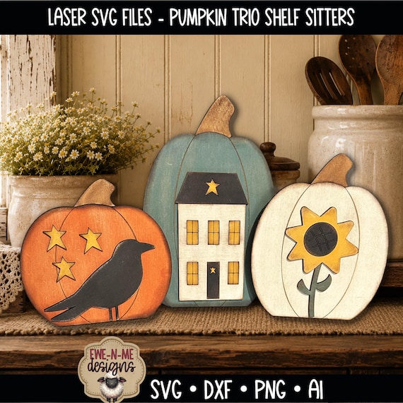 Primitive Pumpkin Shelf Sitter Trio - Fall Laser Cut SVG - Crow Sunflower House Pumpkin Decor