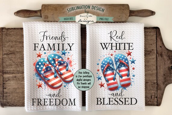 Patriotic Flip Flops Sublimation Design for Kitchen Towels -  July 4th Kitchen Towel Designs - Red White Blue Towel PNG Designs