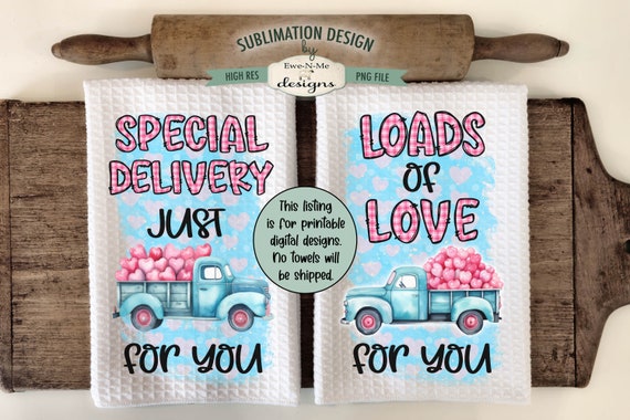 Old Trucks With Hearts Kitchen Towel Sublimation Design -  Valentine Truck Towel Designs - Loads of Love - Special Delivery Towel Design