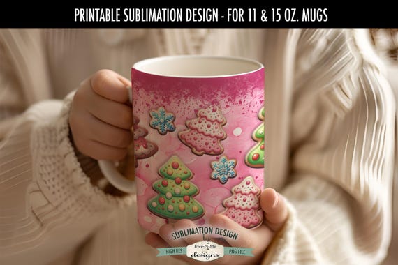 Christmas Cookies in  Pink and  Red Sublimation Design for Mugs  | Christmas Mug | Printable 11 oz. and 15 oz. Mug Sublimation Wrap PNG