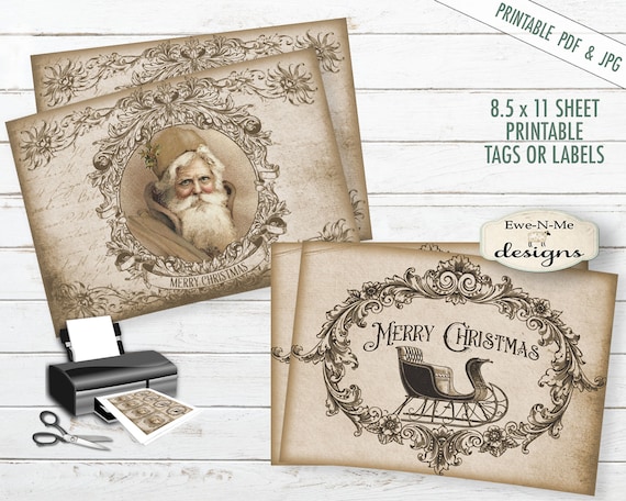 Printable Christmas Tags - Old Santa - Father Christmas - Printable Hang Tags - Old Sleigh - Commercial Use PDF and JPG File Included