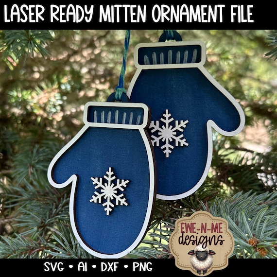 Mitten Laser Cut File | Winter Ornament SVG File | Snowflake SVG Laser Ready Glowforge Lightburn | Christmas Ornament SVG for Laser Cutting