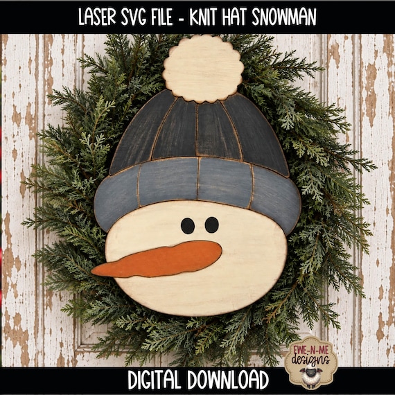 Primitive Snowman Face Laser Ready SVG File, Knit Hat Snowman Wood Cutout, Winter Snowman Wreath Attachment, DIY Laser Cut File
