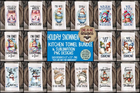Holiday Snowmen Kitchen Towel Sublimation Bundle #2 - 16 Snowman Kitchen Towel Designs - Winter Tea Towel Design Bundle - Digital Design