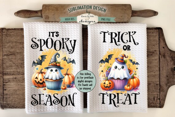 Halloween Ghost Kitchen Towel Sublimation Design -  Kitchen Towel - Spooky Season - Trick or Treat - Halloween Cupcakes with Cute Ghosts