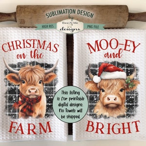 Christmas Highland Cow Kitchen Towel Sublimation Designs -  Mooey & Bright, Christmas on the Farm - Christmas Kitchen Towel Designs