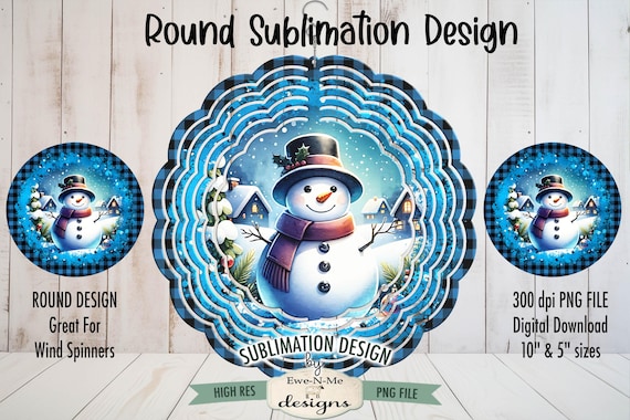 Night Snowman Blue Wind Spinner Sublimation Design | Round Blue Night Time Snowman Sublimation Design | Christmas Sublimation Design