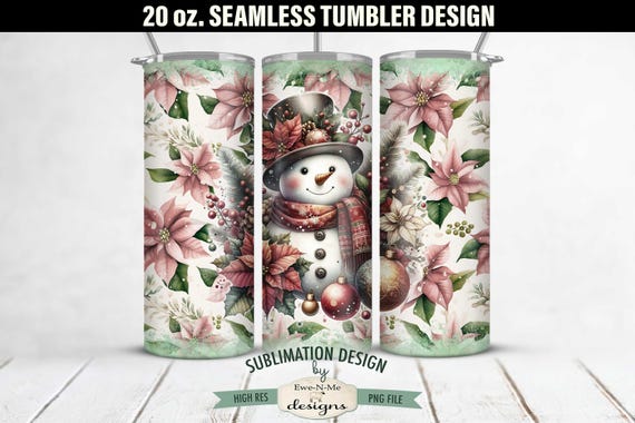 Vintage Snowman SEAMLESS 20 oz. Christmas Tumbler Sublimation Design | Vintage Pink Poinsettia with Green Christmas Snowman Tumbler Design