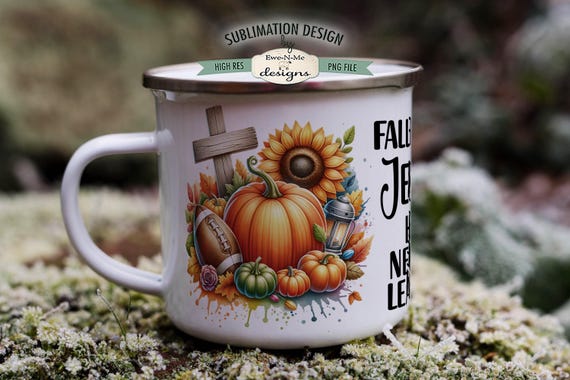 Fall For Jesus He Never Leaves | Pumpkins Football Cross 11 & 15 oz Mug  Sublimation Wrap PNG | Fall Pumpkin Mug Design