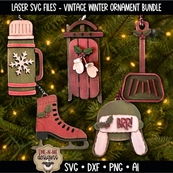 Christmas Ornament SVG Bundle - Laser Cut Winter Ornaments - Sled, Ice Skate, Snow Shovel, Trapper Hat, Insulated Bottle