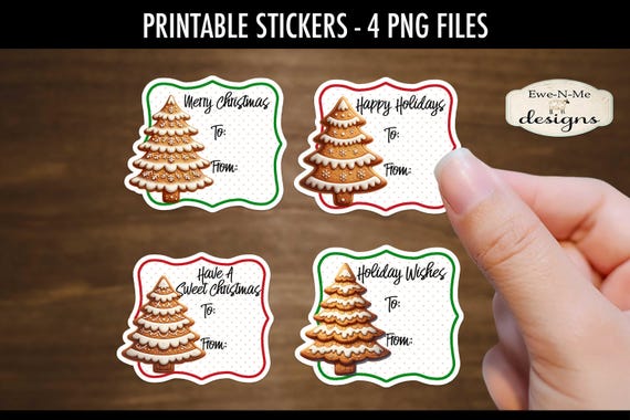 Gingerbread Tree Printable Gift Tag Stickers | 4 Gingerbread Trees PNG Stickers | Print and Cut Gingerbread Tree Gift Tags
