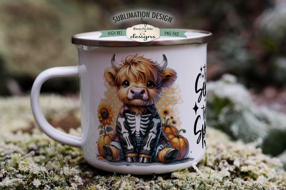 Highland Cow Skeleton Mug Design - Tis Season To Be Spooky -  Halloween 11 and 15 oz. Mug Sublimation Wrap PNG