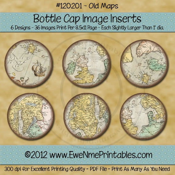 Old Maps Bottle Cap Image Inserts - Printable 1 inch round graphics for bottlecaps - PDF and/or JPG FIle - 4x6 jpg file also included