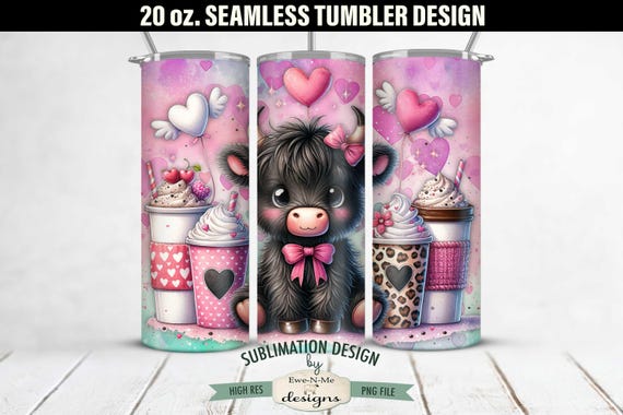 20 oz Valentine Black Highland Cow Sublimation Tumbler Design | Seamless Design for 20 oz Tumbler | Valentine Highland Cow Tumbler Design