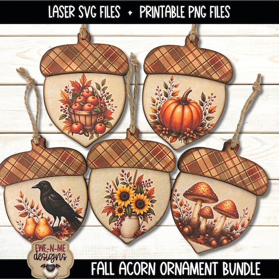 Fall Acorn Ornament Bundle - Laser SVG Files - Printable PNG Designs - Decoupage Craft Files - Pumpkin Crow Mushroom - Digital Download