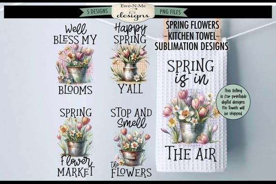 Spring Flowers in Buckets Towel Sublimation Bundle -  Muted Spring Sublimation Designs - Floral Kitchen Designs - Tulips Daffodil Crocus PNG