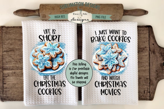 Blue Christmas Cookies Kitchen Towel Sublimation Designs -  Funny Holiday Cookies Sublimation Designs - Christmas Kitchen Design