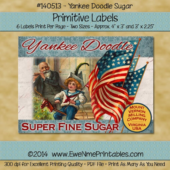 Primitive Patriotic Labels with Flag and Child Riding Stick Horse - Old Flags - Yankee Doodle Sugar - July 4th - Printable PDF or JPG File